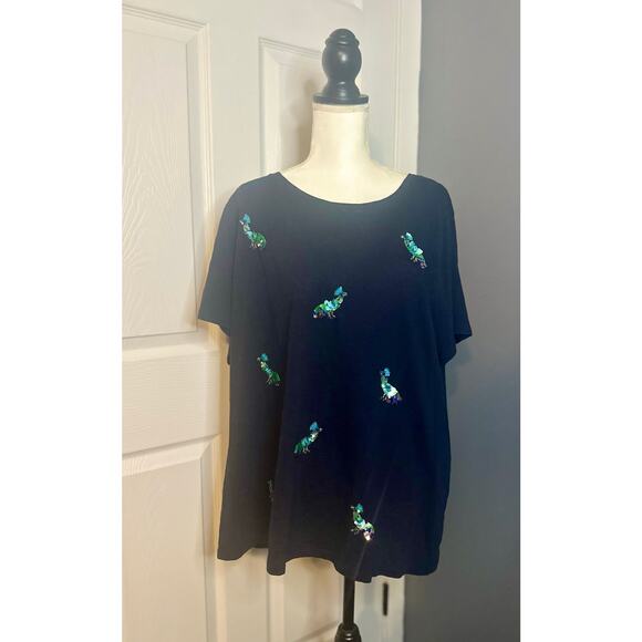 Talbots 2x T-Shirt Top Peacock Beaded Sequins Short Sleeve Navy Womens - Picture 6 of 6